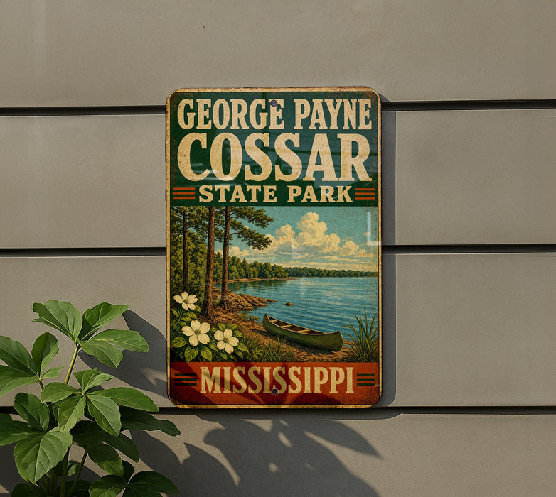 A vintage-style metal sign for George Payne Cossar State Park in Mississippi, featuring a scenic landscape with a lake, trees, and a canoe.
