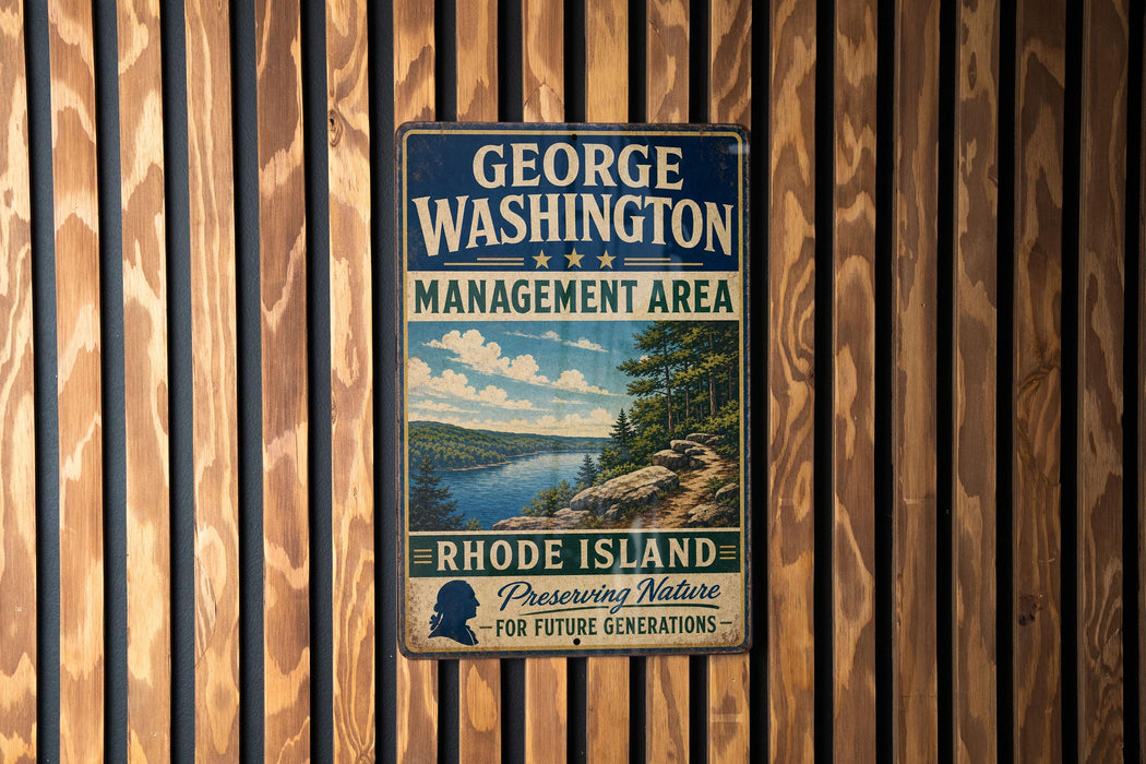 A vintage metal sign for the George Washington Management Area in Rhode Island, featuring a scenic landscape with a river and mountains.
