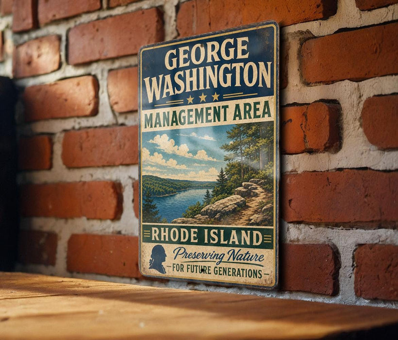 A vintage metal sign for the George Washington Management Area in Rhode Island, featuring a scenic landscape with a river and mountains.
