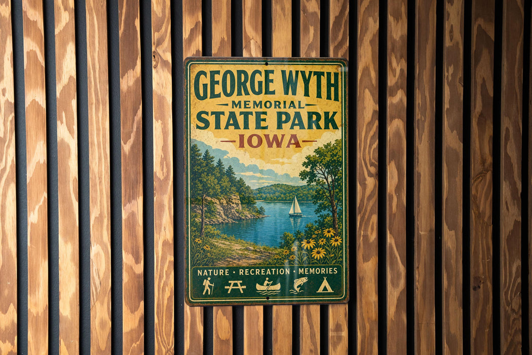 A vintage-style metal sign for George Wyth Memorial State Park in Iowa, featuring a scenic landscape with a lake, mountains, and a sailboat.