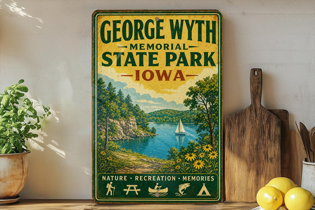A vintage-style sign for George Wyth Memorial State Park in Iowa, featuring a scenic landscape with a lake, mountains, and a sailboat.