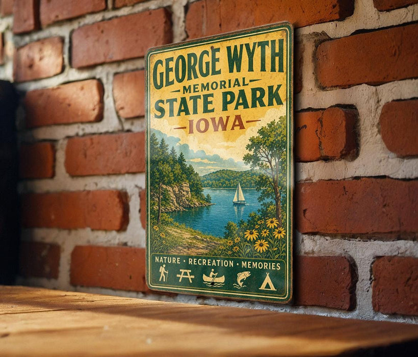 A vintage-style metal sign for George Wyth Memorial State Park in Iowa, featuring a scenic landscape with a lake, mountains, and a sailboat.