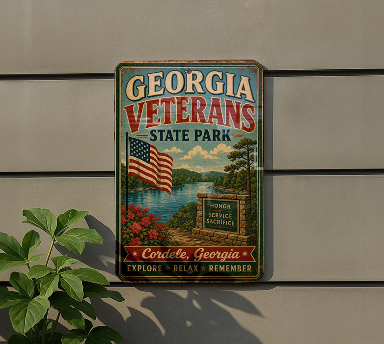 A vintage-style metal sign for Georgia Veterans State Park, featuring an American flag, a scenic landscape, and the text "GEORGIA VETERANS STATE PARK" and "Cordele, Georgia EXPLORE, RELAX, REMEMBER".
