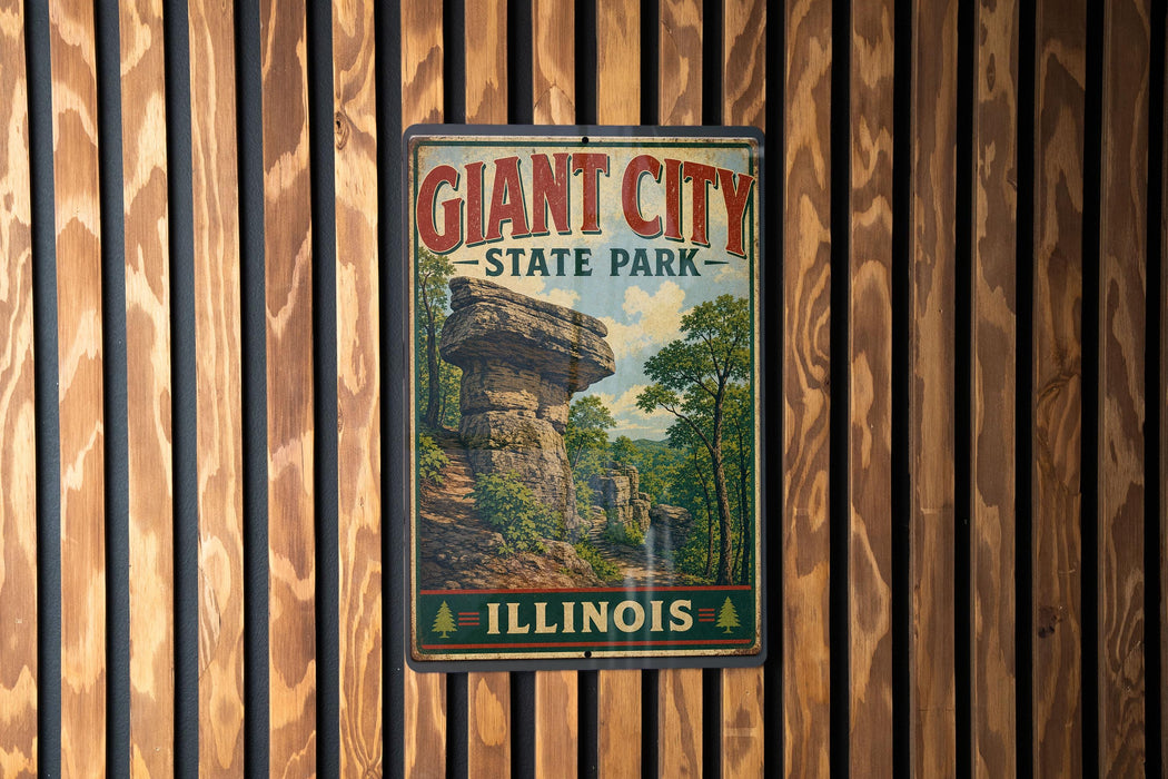 A vintage-style sign for Giant City State Park in Illinois, featuring a scenic image of a rock formation and trees.