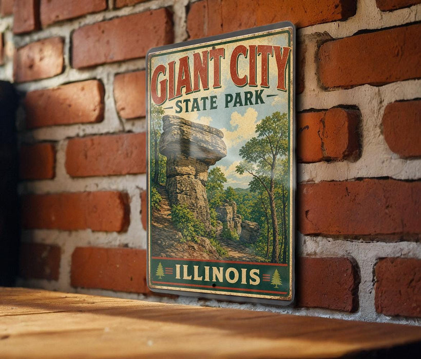 A vintage-style sign for Giant City State Park in Illinois, featuring a scenic image of a rock formation surrounded by trees and mountains.