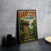 A vintage-style sign for Giant City State Park in Illinois, featuring a scenic image of a rock formation surrounded by trees and greenery.