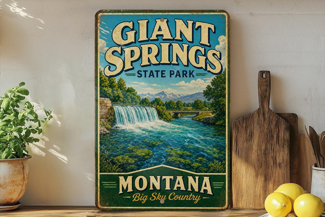 A vintage-style sign for Giant Springs State Park in Montana, featuring a scenic image of a waterfall and mountains.
