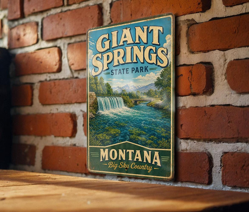 A vintage-style metal sign for Giant Springs State Park in Montana, featuring a scenic image of a waterfall and mountains.