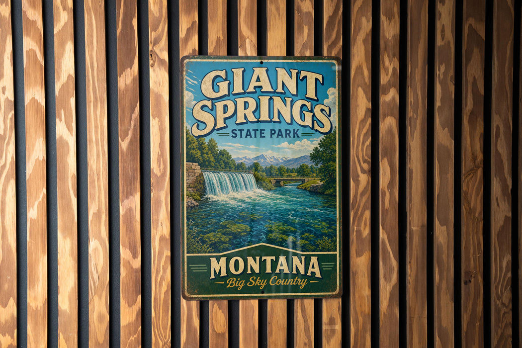 A vintage metal sign for Giant Springs State Park in Montana, featuring a scenic image of a waterfall and mountains.
