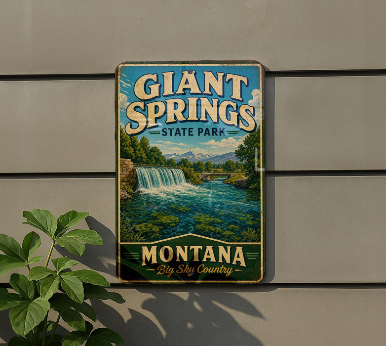 A vintage-style metal sign for Giant Springs State Park in Montana, featuring a scenic landscape with a waterfall and mountains.