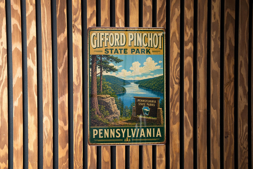 A vintage-style metal sign for Gifford Pinchot State Park in Pennsylvania, featuring a scenic landscape with a river and mountains.