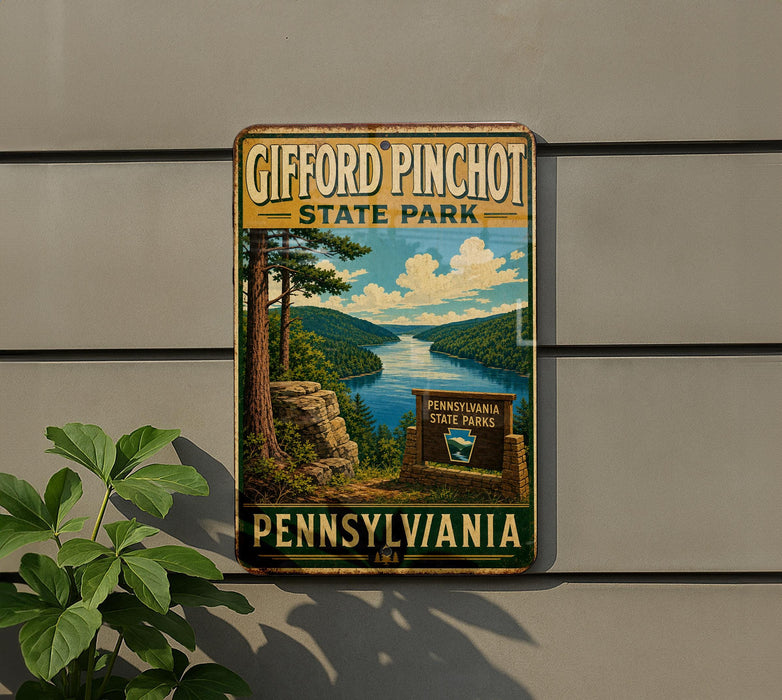 A vintage-style sign for Gifford Pinchot State Park, featuring a scenic landscape with a river, mountains, and pine trees.