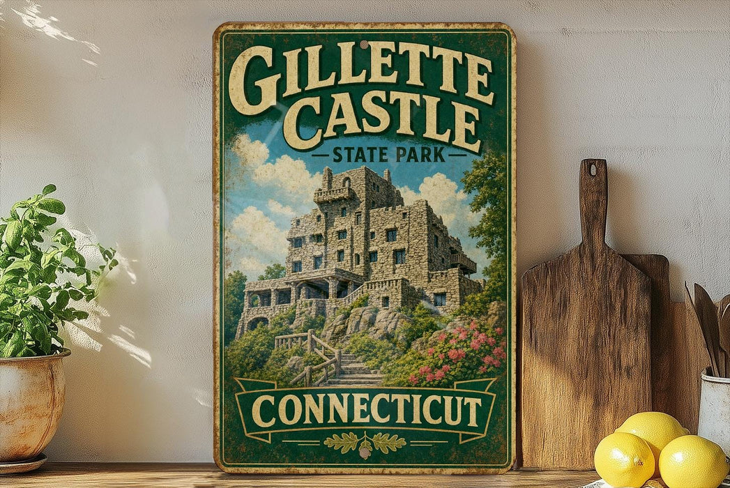 A vintage-style sign for Gillette Castle, a historic landmark in Connecticut State Park, featuring a castle-like structure surrounded by lush greenery.