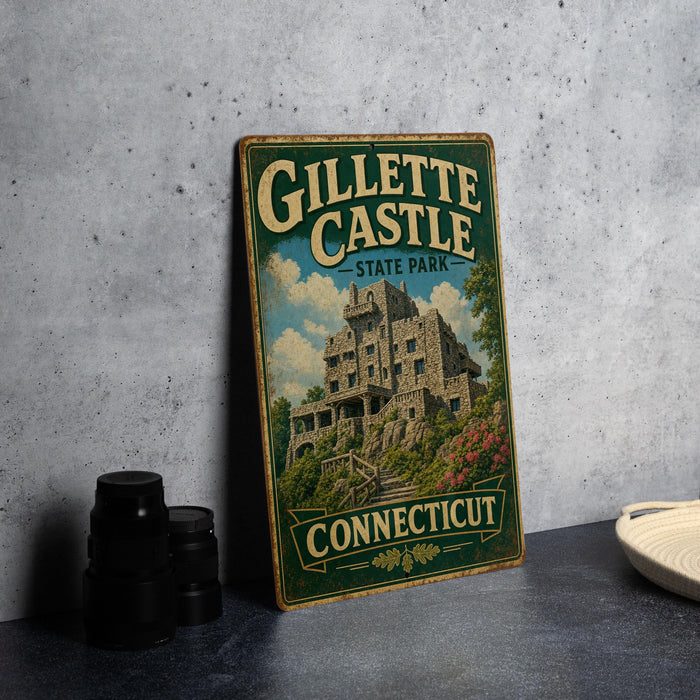 A vintage-style metal sign for Gillette Castle State Park in Connecticut, featuring an illustration of the castle and the words "Gillette Castle State Park Connecticut" on it.