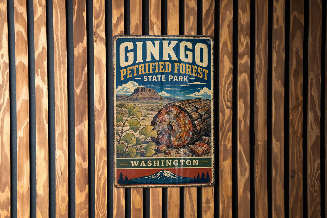 A vintage-style metal sign for Ginkgo Petrified Forest State Park in Washington, featuring a colorful illustration of a petrified tree trunk and a mountain backdrop.