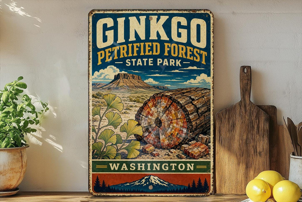 A vintage-style metal sign for Ginkgo Petrified Forest State Park in Washington, featuring an illustration of a large petrified tree trunk and a mountainous landscape.