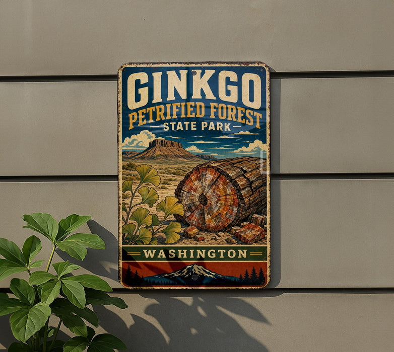 A vintage-style metal sign for Ginkgo Petrified Forest State Park in Washington, featuring a colorful illustration of a petrified tree trunk and a mountain backdrop.