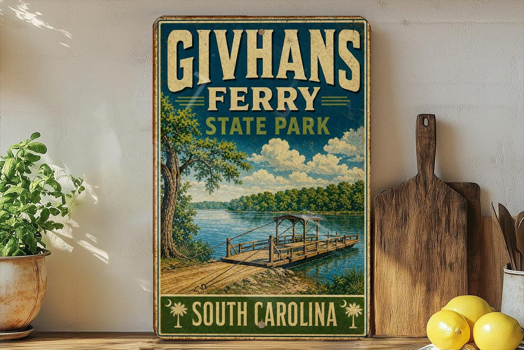 A vintage-style sign for Givhans Ferry, a ferry service in South Carolina, with a scenic image of a river and a dock.