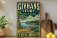 A vintage-style sign for Givhans Ferry, a ferry service in South Carolina, with a scenic image of a river and a dock.
