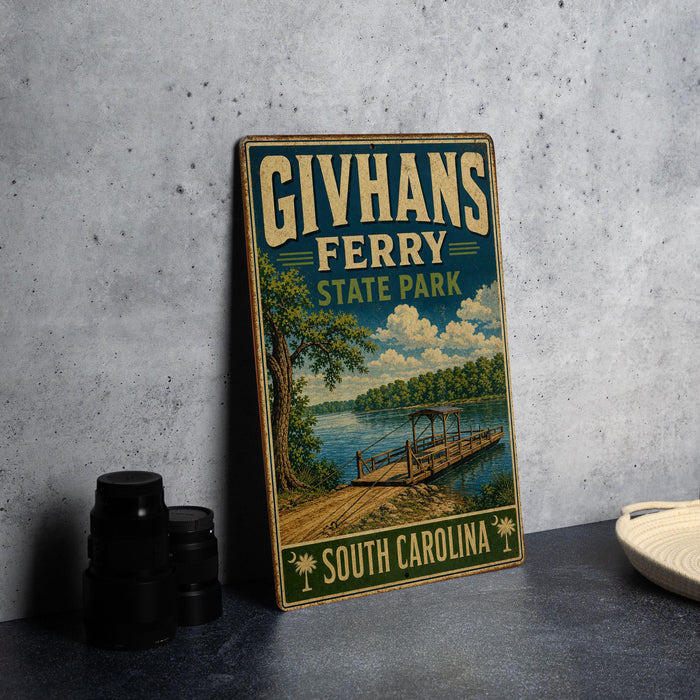 A vintage-style metal sign for Givhans Ferry, a ferry service in South Carolina, featuring a scenic image of a river and a wooden dock.