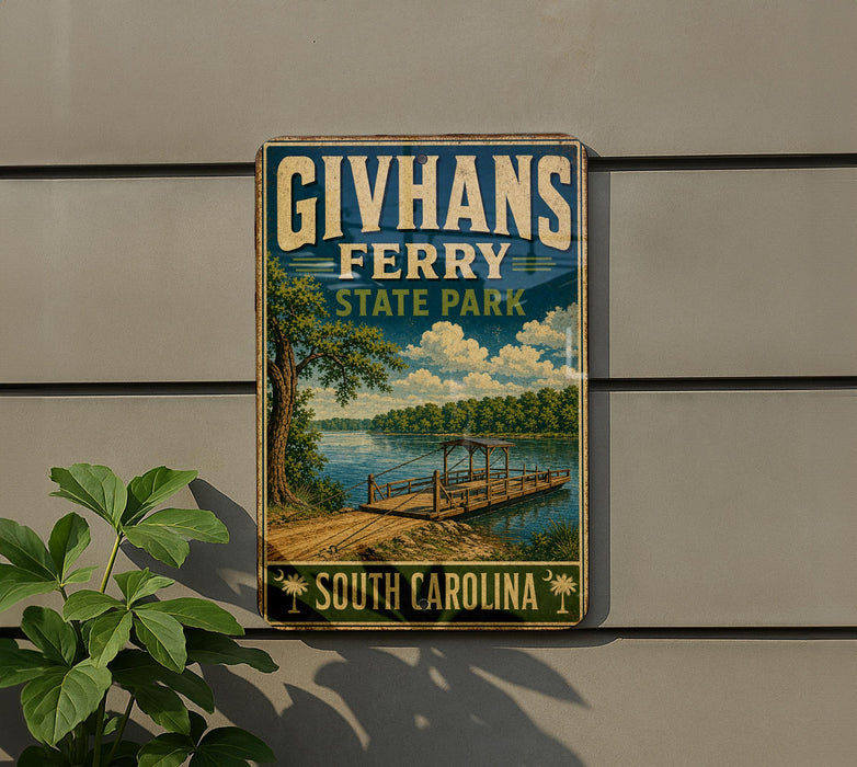 A vintage-style metal sign for Givhans Ferry State Park in South Carolina, featuring a scenic illustration of a lake, dock, and surrounding landscape.