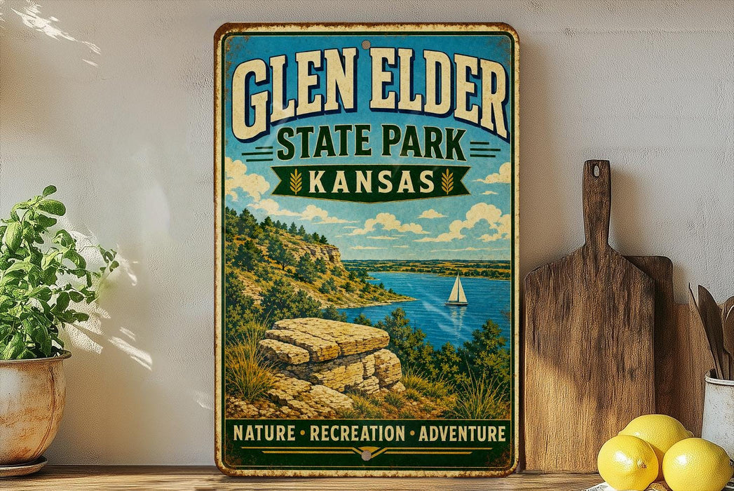 A vintage-style sign for Glen Elder State Park in Kansas, featuring a scenic landscape with a lake, mountains, and a sailboat.