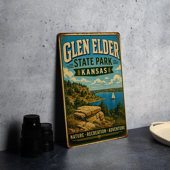 A vintage-style metal sign for Glen Elder State Park in Kansas, featuring a scenic landscape with a sailboat on the water.