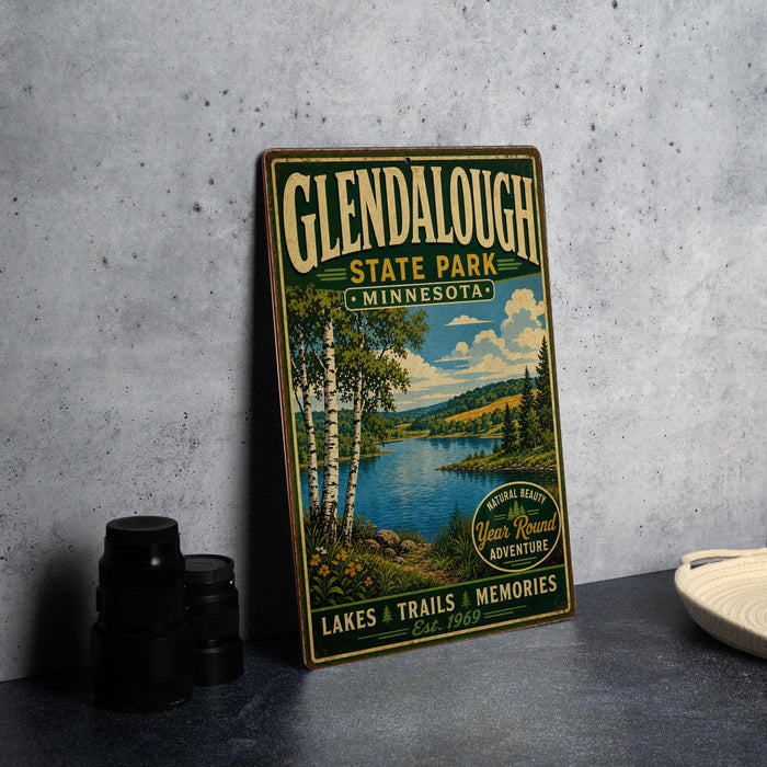 A vintage-style metal sign for Glendalough State Park in Minnesota, featuring a scenic landscape with a lake and trees.