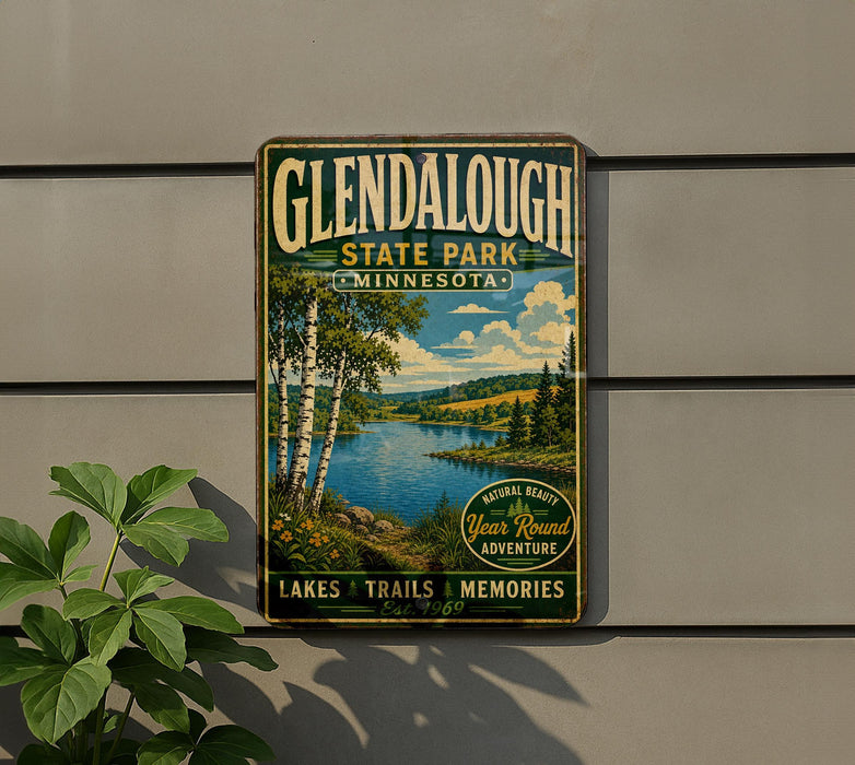 A vintage-style metal sign for Glendalough State Park in Minnesota, featuring a scenic landscape with a lake, trees, and mountains.