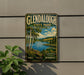 A vintage-style metal sign for Glendalough State Park in Minnesota, featuring a scenic landscape with a lake, trees, and mountains.