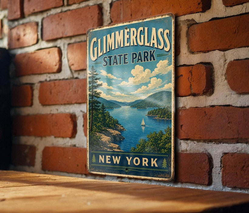 A vintage-style metal sign for Glimmerglass State Park in New York, featuring a scenic landscape with a lake, mountains, and a sailboat.