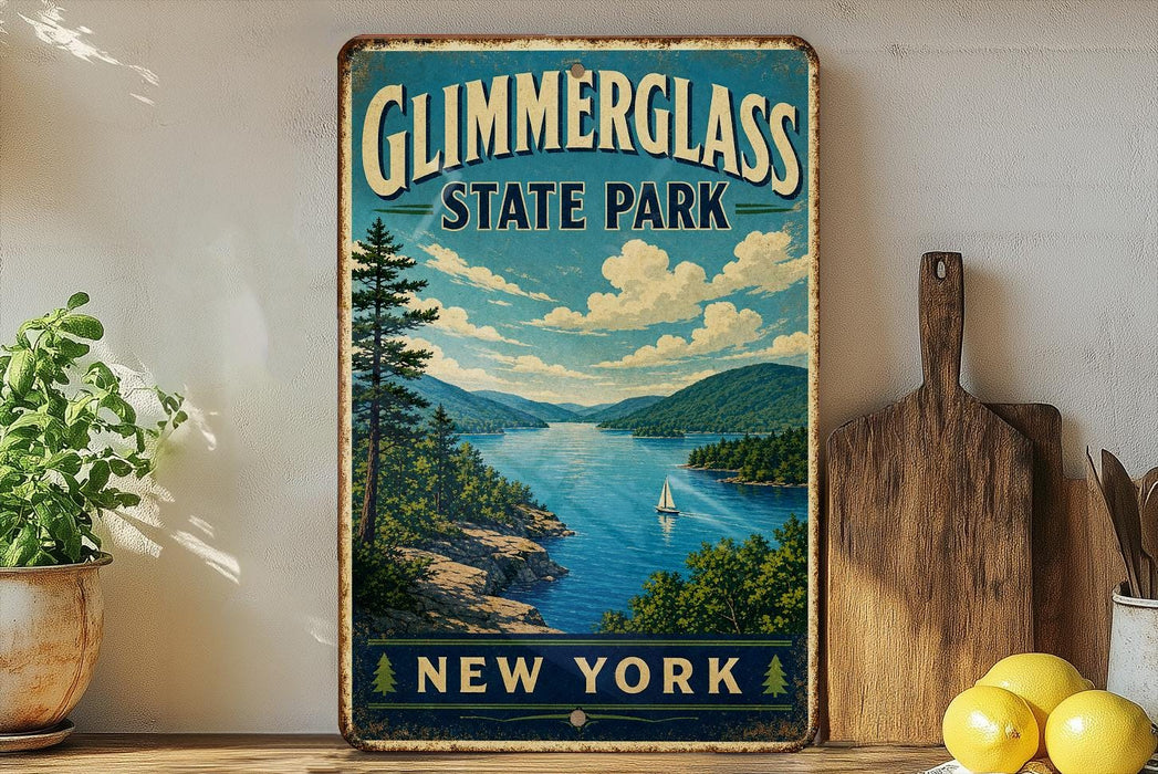A vintage-style metal sign for Glimmerglass State Park in New York, featuring a scenic landscape with a lake, mountains, and a sailboat.