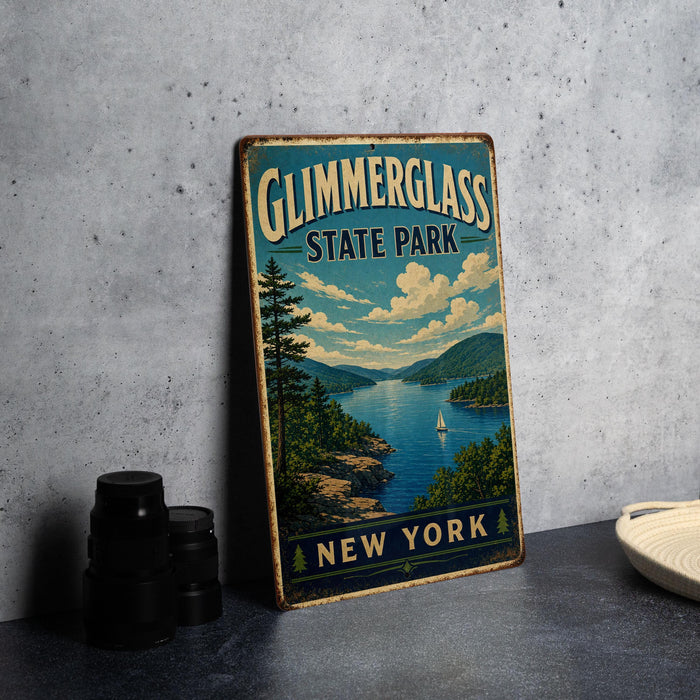 A vintage-style metal sign for Glimmerglass State Park in New York, featuring a scenic landscape with a lake, mountains, and a sailboat.