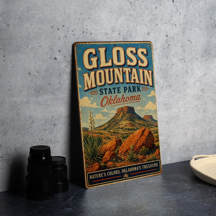 A vintage-style metal sign for Gloss Mountain State Park in Oklahoma, featuring a desert landscape with mountains and cacti.