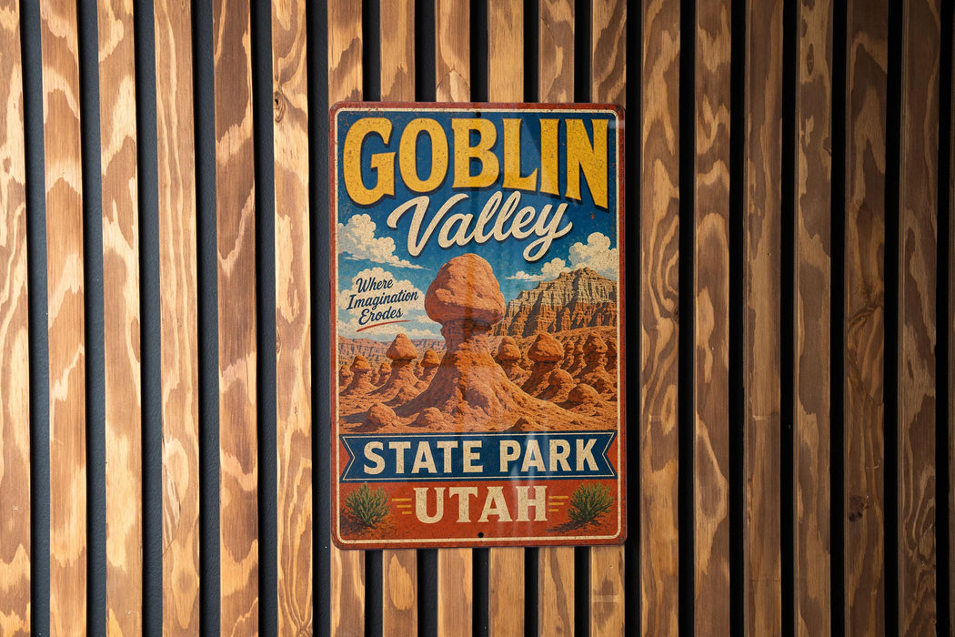 A vintage-style metal sign for Goblin Valley State Park in Utah, featuring a desert landscape with a large rock formation.