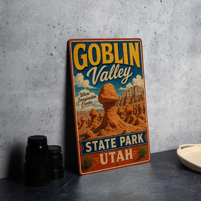 A vintage-style sign for Goblin Valley State Park in Utah, featuring a desert landscape with a large rock formation.