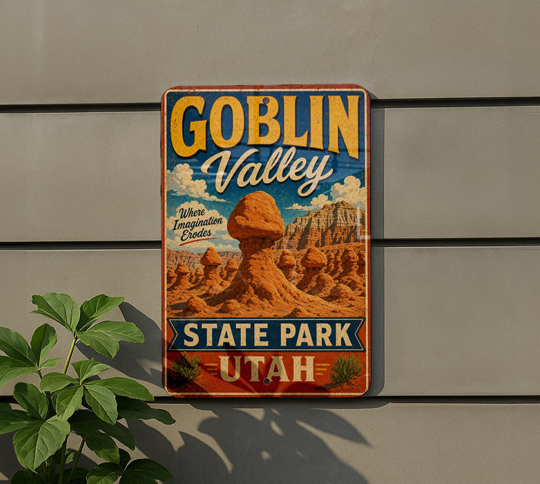 A vintage-style sign for Goblin Valley State Park in Utah, featuring a desert landscape with rock formations and a mountain range.
