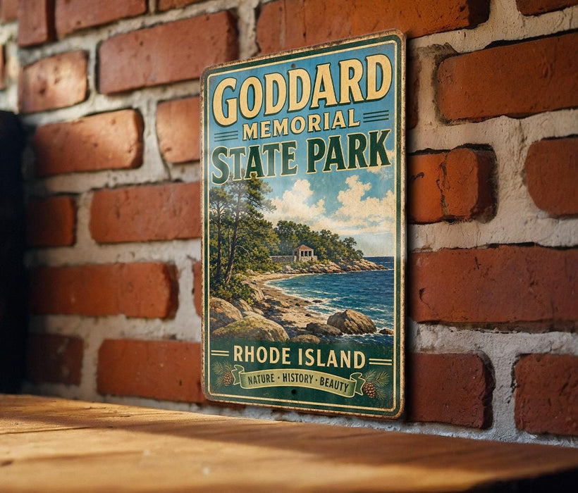 A vintage metal sign for Godard Memorial State Park in Rhode Island, featuring a scenic landscape with a beach, mountains, and a lighthouse.