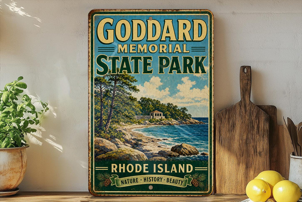 A vintage-style metal sign for Goddard Memorial State Park in Rhode Island, featuring a scenic landscape with a beach, mountains, and a house.
