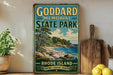 A vintage-style metal sign for Goddard Memorial State Park in Rhode Island, featuring a scenic landscape with a beach, mountains, and a house.