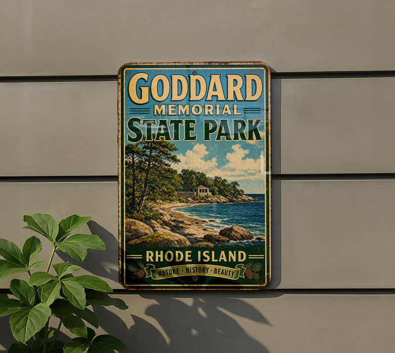 A vintage-style metal sign for Goddard Memorial State Park in Rhode Island, featuring a scenic landscape with a beach, mountains, and a house.