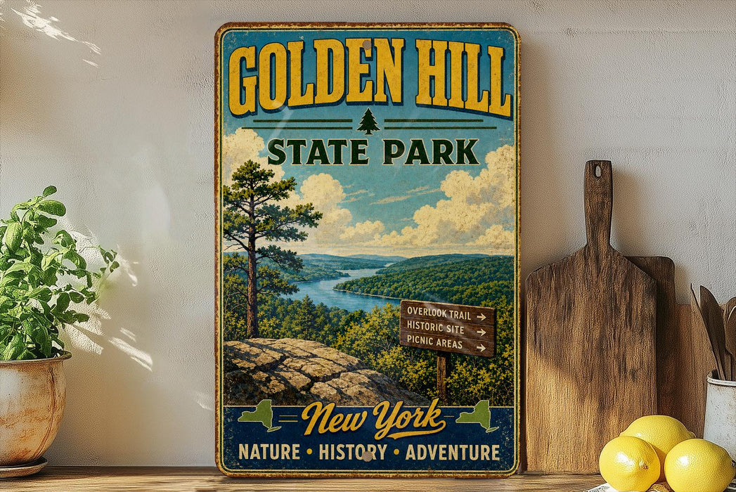 A vintage-style sign for Golden Hill State Park, featuring a scenic landscape with a river, mountains, and pine trees.