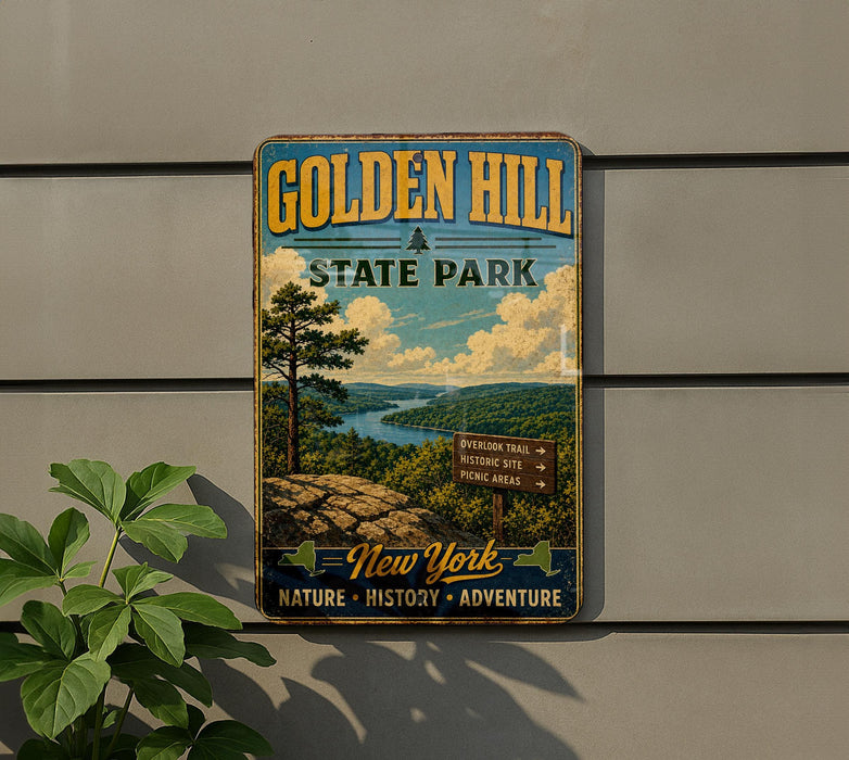 A vintage-style sign for Golden Hill State Park, featuring a scenic landscape with a river, mountains, and a pine tree.