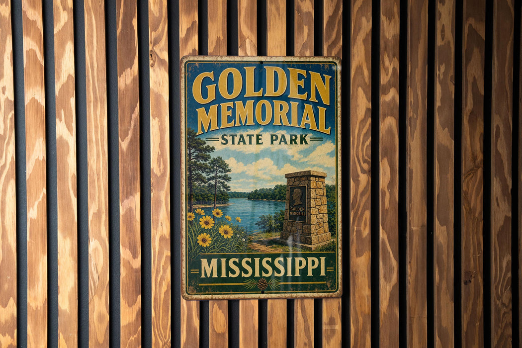 A vintage-style metal sign for Golden Memorial State Park in Mississippi, featuring a scenic landscape with a lake, trees, and a monument.