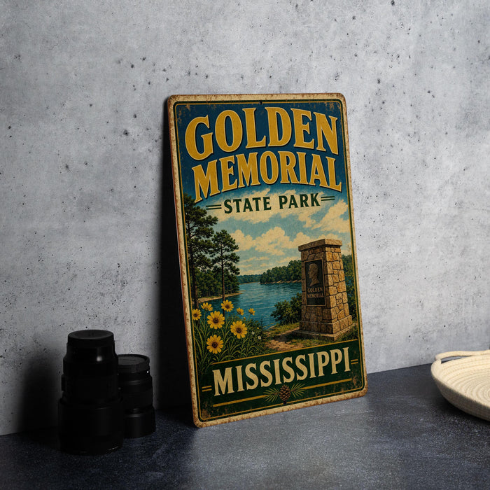 A vintage-style sign for Golden Memorial State Park in Mississippi, featuring a scenic landscape with a lake, trees, and a monument.