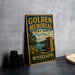 A vintage-style sign for Golden Memorial State Park in Mississippi, featuring a scenic landscape with a lake, trees, and a monument.
