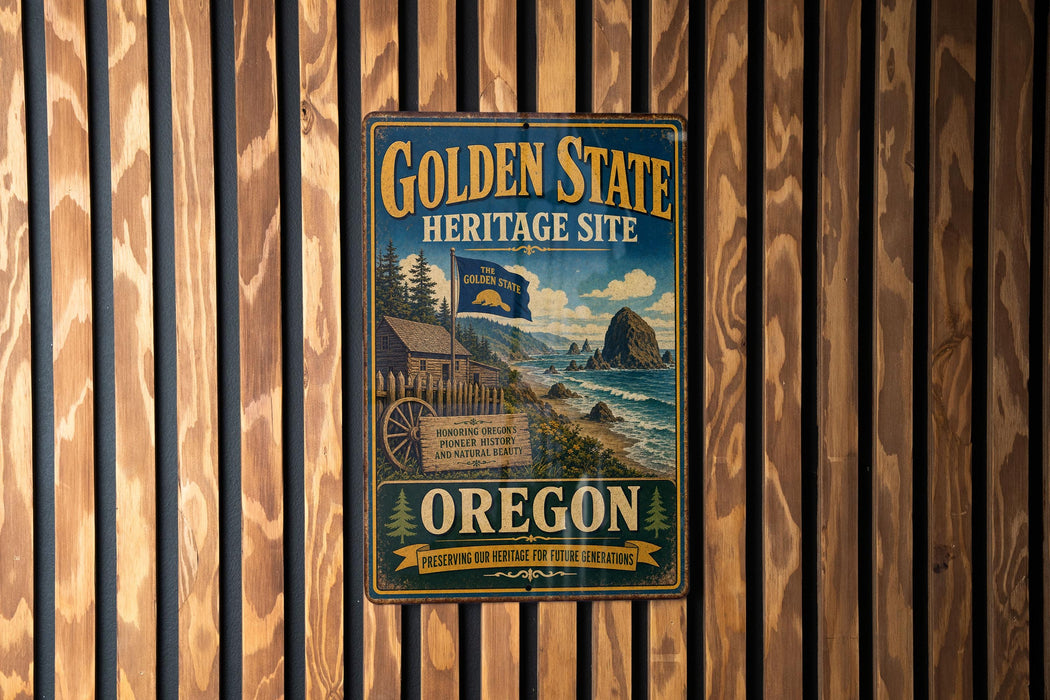 A vintage-style metal sign for the Golden State Heritage Site in Oregon, featuring a scenic image of the state's natural landscape.