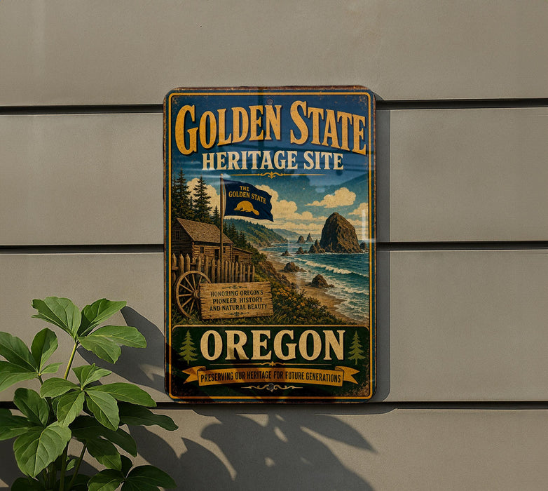 A vintage-style sign for the Golden State Heritage Site in Oregon, featuring a scenic landscape with a cabin, mountains, and a body of water.
