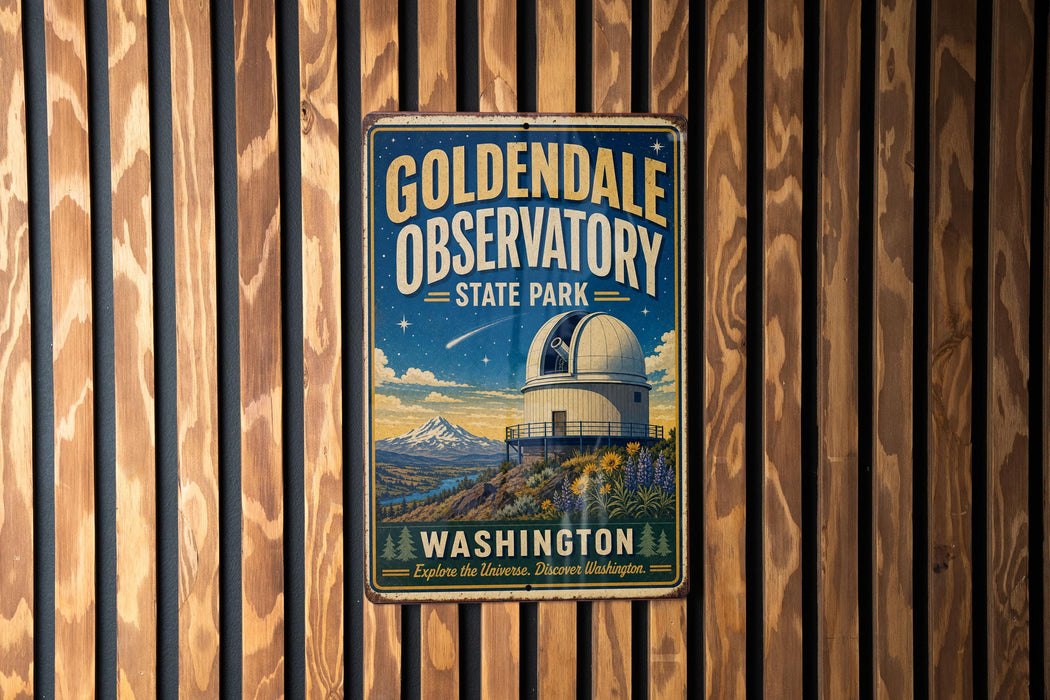 A vintage-style metal sign for Golden Dale Observatory in Washington State Park, featuring a large telescope and a scenic landscape.