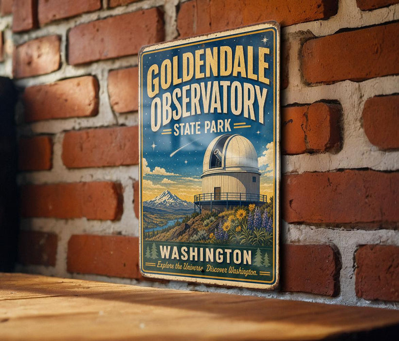 A vintage-style metal sign for the Goldendale Observatory in Washington State Park, featuring a large telescope and a scenic landscape.